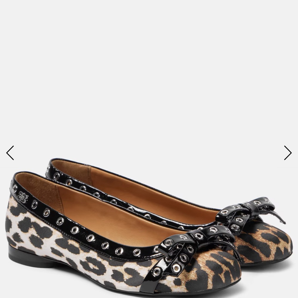 Ganni Eyelit Bow Leopard-Print Satin Ballet Flats